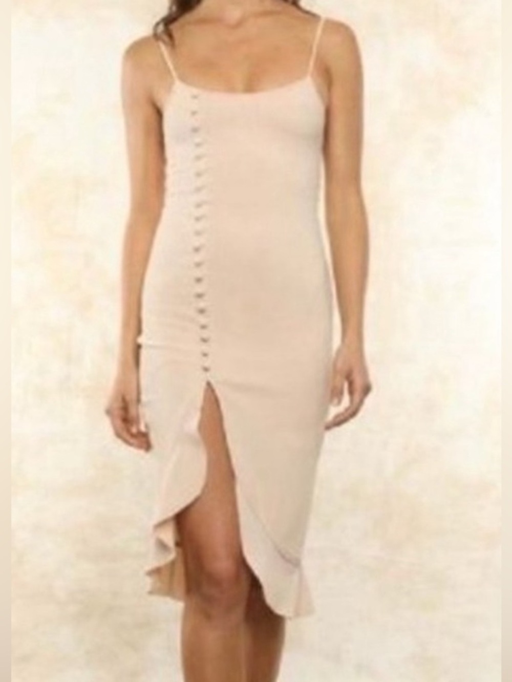 Fletch Stella Ribbed Midi Dress‎ Button Detail Ruffle Slit Bodycon Size M